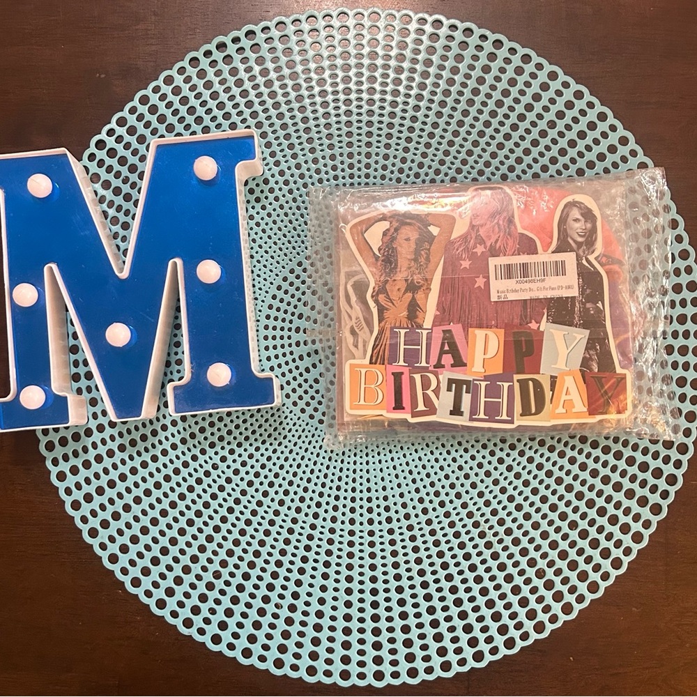 Taylor Swift birthday decor set; balloons, banner, and cake/cup cake toppers